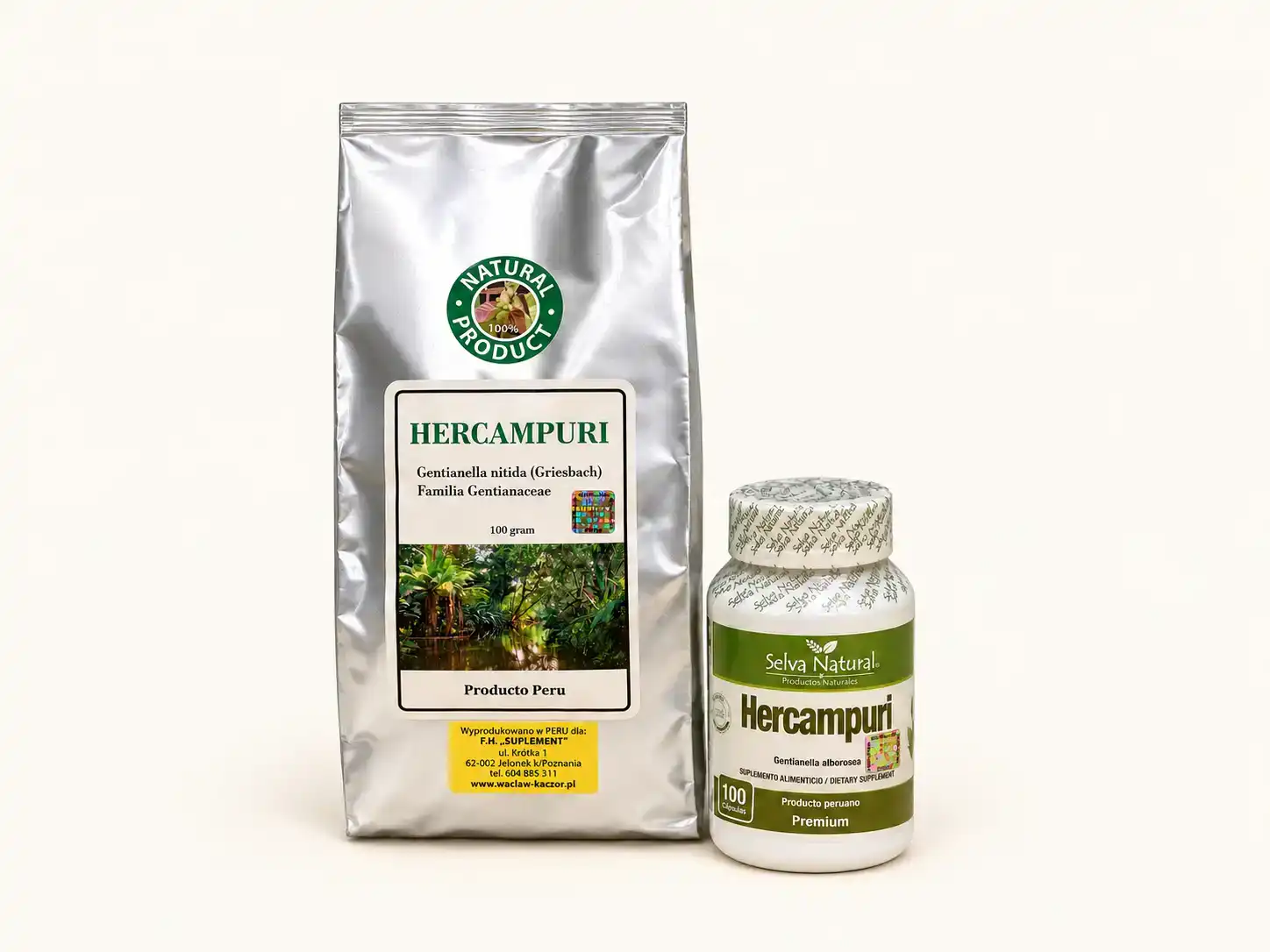 Hercampuri z Peru: torebka 100 g suszonego zioła i słoik kapsułek Selva Natural Premium