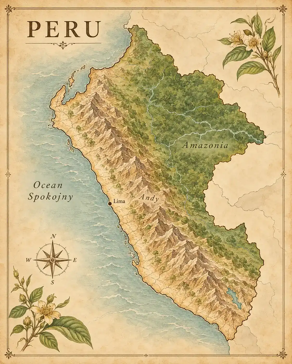Ilustrowana mapa Peru: Andy wzdłuż wybrzeża Oceanu Spokojnego, Lima i lasy Amazonii na wschodzie
