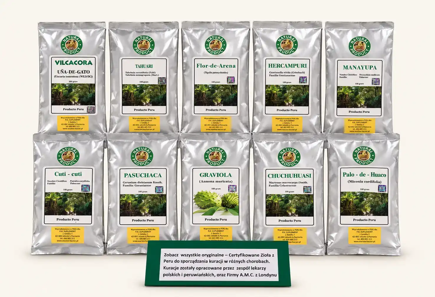 Dziesięć suszonych ziół z Peru w oryginalnych opakowaniach Natural Product: Vilcacora, Tahuari, Flor de Arena, Hercampuri, Manayupa, Cuti-cuti, Pasuchaca, Graviola, Chuchuhuasi i Palo de Huaco
