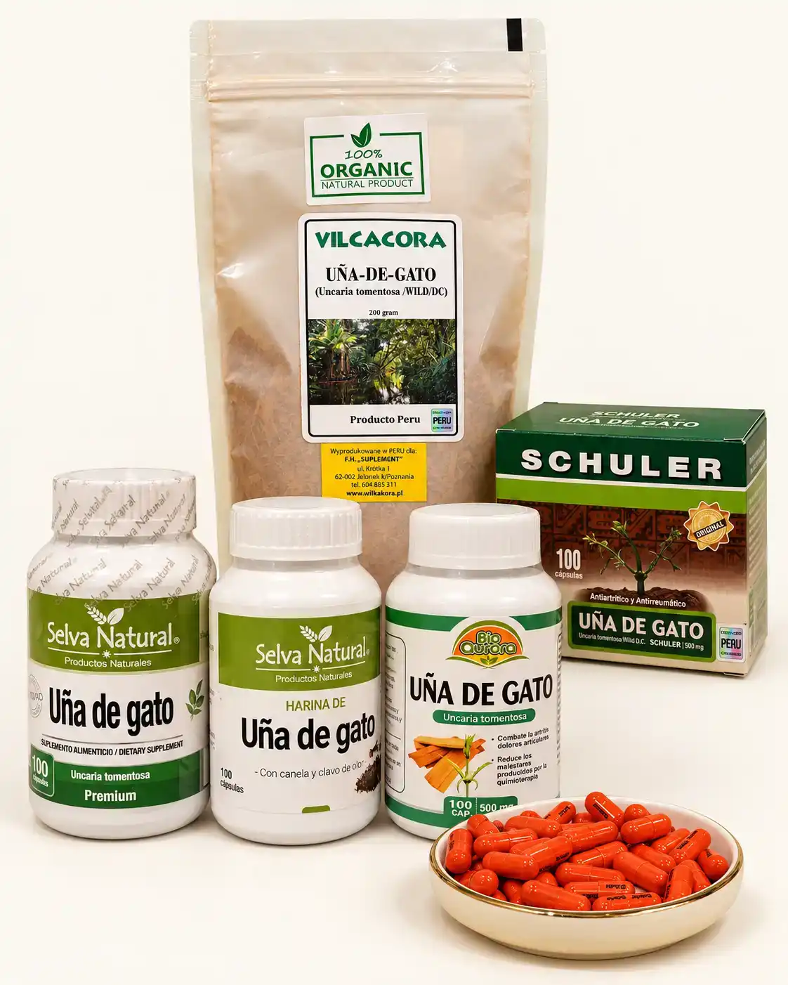 Oryginalna Vilcacora z Peru: torebka kory Uña de Gato do naparów, kapsułki Selva Natural, Bio Aurora i Schuler oraz miseczka kapsułek