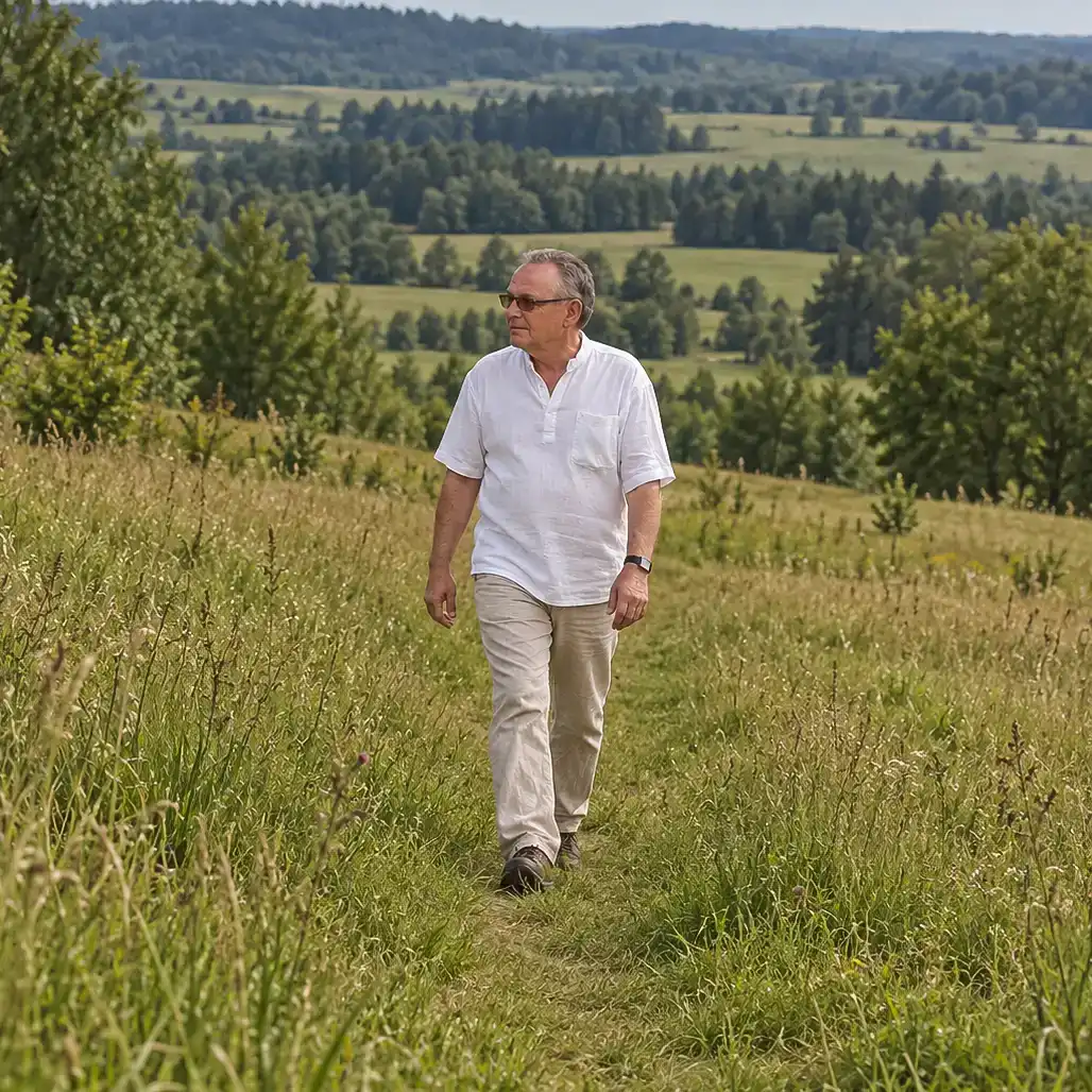 Wacław Kaczor podczas spaceru po łące