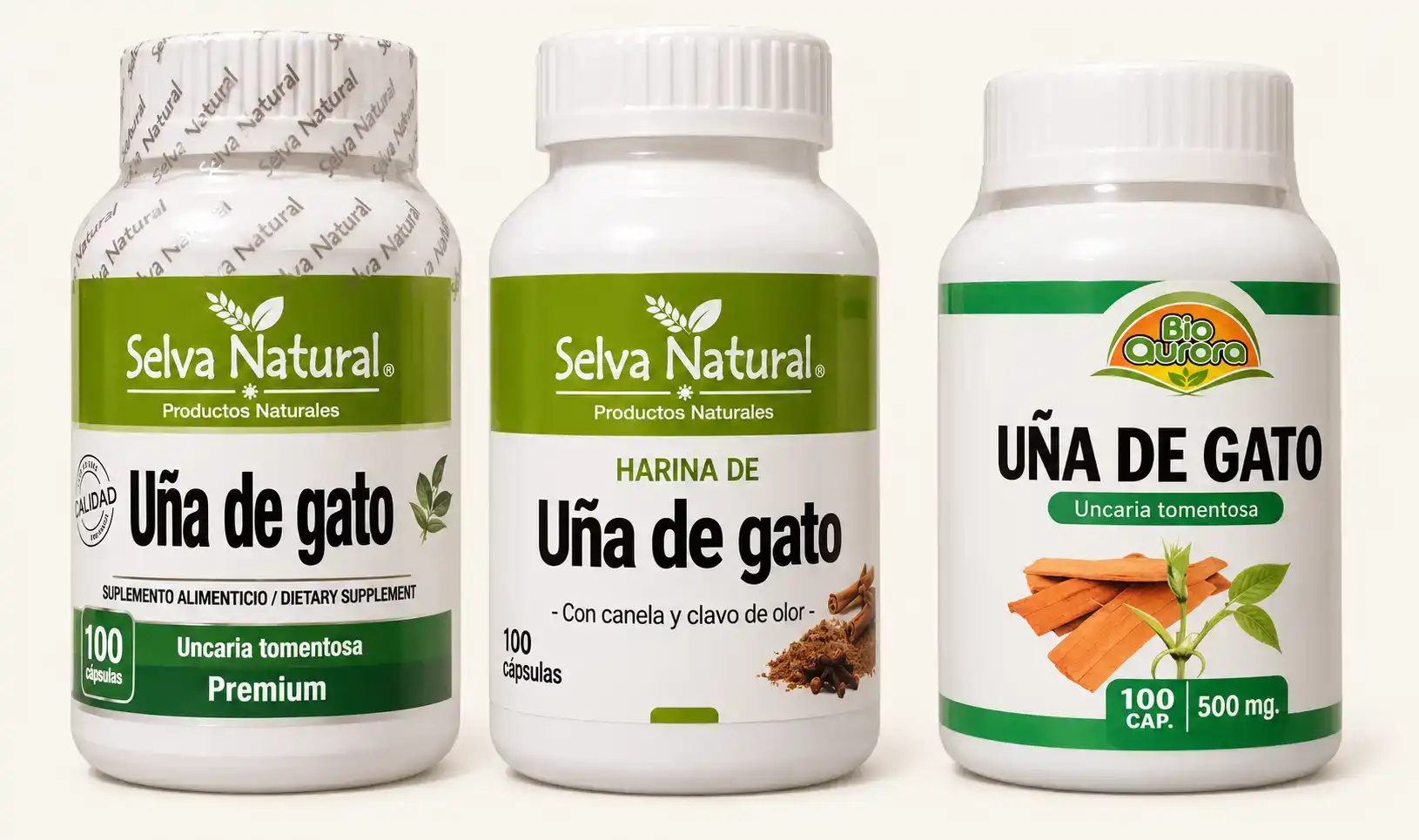 Trzy słoiki kapsułek Uña de Gato (Uncaria tomentosa) z Peru: Selva Natural Premium, Selva Natural z cynamonem i goździkami oraz Bio Aurora 500 mg