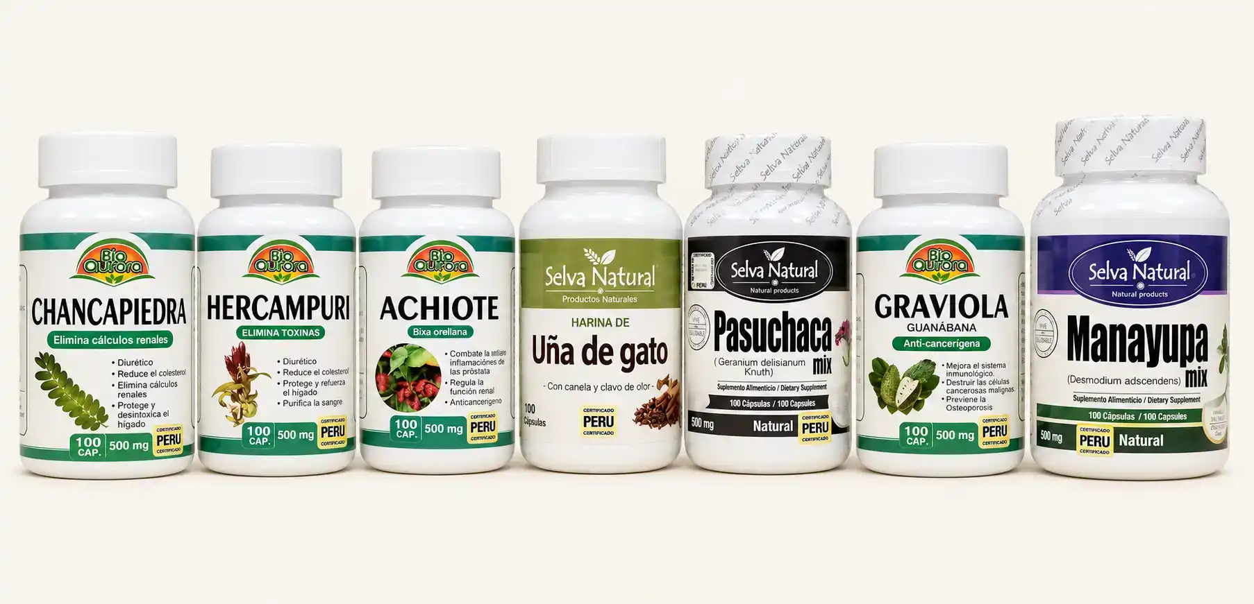 Siedem słoików kapsułek z Peru Bio Aurora i Selva Natural: Chancapiedra, Hercampuri, Achiote, Uña de Gato, Pasuchaca, Graviola i Manayupa